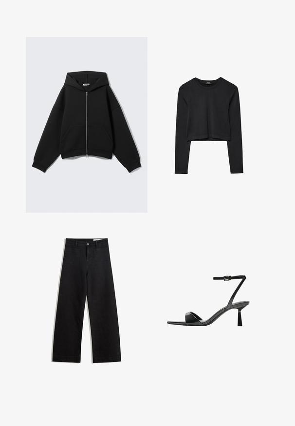 Musta lyhyt huppari vetoketjulla edessä, suuret taskut, paksua kangasta ja kiristysnauha huppuosa. Ribbineulotut hihansuut ja helma.; Mustat pitkät hihat lyhyt toppi, jossa on pyöreä kaula-aukko, yksinkertainen muotoilu ja hieman kaareva helma.; Mustat leveät farkut korkealla vyötäröllä, joissa on etu- ja takataskut, ommellut saumat ja nappisuljenta. Silkinoinen rakenne.; Bershka Korolliset sandaalit - black