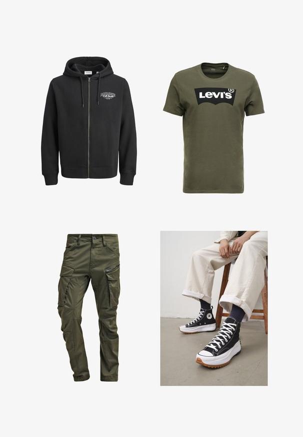 Juodas užtrauktukas džemperis, pagamintas iš minkštos medvilnės ir poliesterio mišinio. Su kengūros kišene ir logotipu ant kairės krūtinės.; Olive spalvos medvilnės marškinėliai su dideliu juodu „Levi's“ logotipu priekyje. Klasikinis apvalus kaklas ir trumpi rankovės, glotni tekstūra.; Olive spalvos cargo kelnės, pagamintos iš tvirto medvilnės. Yra keletas kišenių, šonu užtraukiama kišenė ir siaurėjančios kojos su šiek tiek tekstūruotu paviršiumi.; Juodi aukšti sportbačiai su baltais raišteliais ir guminiais pirštų gaubtais. Stori balti padai su tekstūruotu ruduo padu, dėvimi su tamsiai mėlynomis raištelinėmis kojinėmis.