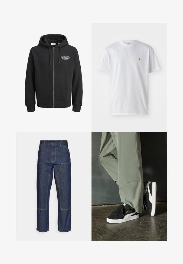 Sudadera con cremallera negra hecha de una suave mezcla de algodón. Presenta un bolsillo canguro y un logo en el área del pecho izquierdo.; Camiseta de algodón blanca con mangas cortas, cuello redondo, que presenta un pequeño logo dorado en la parte izquierda del pecho. Textura suave y corte regular.; Jeans de mezclilla azul oscuro con cintura alta, diseño de pierna recta, costuras contrastantes y bolsillos de parche en la parte delantera.; Zapatillas de ante negras con suelas de goma blancas y rayas laterales, combinadas con pantalones cargo verde claro, de pie sobre una superficie oscura texturizada.