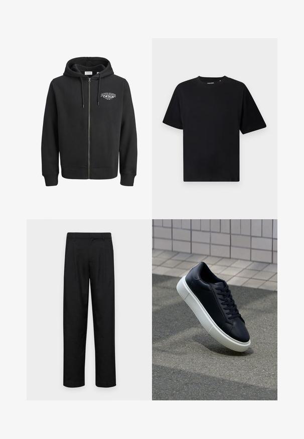 Zwarte rits-houthoodie gemaakt van zachte katoenmix stof. Heeft een buidelzak en een logo op de linkerborst.; Zwarte T-shirt met korte mouwen en ronde hals in een relaxed fit, weergegeven op een witte achtergrond.; Zwarte broeken van gladde stof, met een recht model, twee voorknikken en een standaard tailleband met riemlussen.; Zwarte leren sneaker met een ronde neus en een witte rubberen zool. Voorzien van platte veters en minimale stiksels op het bovenwerk. Textuurrijke zool voor grip.