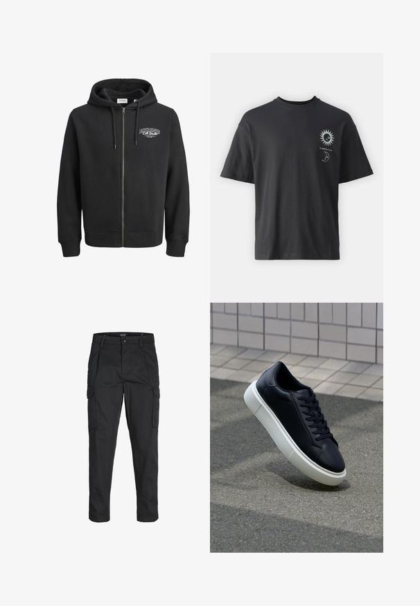 Black zip-up hoodie made of soft cotton blend fabric. Features a kangaroo pocket and a logo on the left chest area.; Black cotton t-shirt with short sleeves, round neck, and front graphics of a sun and moon, accompanied by text "Le Soleil et La Lune."; Black cargo pants made of sturdy fabric, featuring multiple pockets, a button closure, and a slim fit design with tapered legs.; Black leather sneaker with rounded toe and white rubber sole. Features flat laces and minimal stitching on the upper. Textured sole for grip.