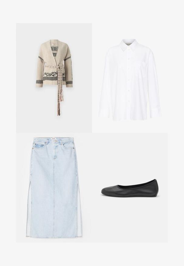 Beige strikket cardigan med sorte geometriske mønstre, åben front, lange ærmer, justerbart bånd i taljen og struktureret ribkant.; Hvid langærmet skjorte med krave lavet af bomuld. Har en knaplukning fortil og en enkelt brystlomme. Glat tekstur, afslappet pasform.; Lyseblå denim maxi nederdel med lige snit, der har sideslidser og fem-lomme design. Fremtrædende syninger og metalknaplukning.; Sort læderballetsko med rund tå, glat tekstur, minimal syning og et fleksibelt såldesign.