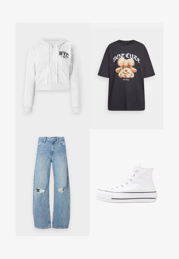 Cropped grey hoodie with front zip, drawstring, NYC graphic, and ribbed cuffs. Soft fabric with a smooth texture and contrasting side stripes.; Black oversized t-shirt featuring a graphic of a bear with the text “NOT CUTE BUT WILD” in bold, white lettering. Cotton material.; Light blue, high-waisted jeans made of denim. Feature wide legs, two torn knee areas, and classic five-pocket styling.; White high-top canvas sneaker with black rubber sole, front rubber toe cap, and six eyelets for laces, featuring a clean, minimalist design.