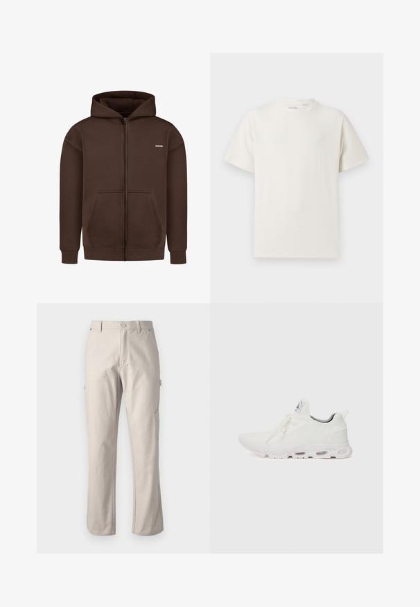 Hoodie zippé intégral marron foncé avec poches kangourou à l'avant, poignets et ourlet côtelés, et une petite étiquette de marque rectangulaire sur la poitrine.; T-shirt blanc à manches courtes en texture côtelée. Encolure ronde, coupe décontractée, sans motifs ni accents visibles. Design simple et polyvalent.; Pantalons cargo beiges en coton résistant, à jambes droites, avec une fermeture par bouton à l'avant et des poches latérales pratiques. Texture lisse avec des coutures subtiles.; Baskets blanches de sport avec un dessus en maille texturée, des lacets plats et une semelle rembourrée avec des chambres à air visibles pour un soutien supplémentaire.