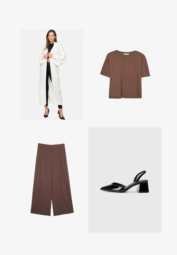 Długi, biały sweter z dzianiny, z luźnymi, balonowymi rękawami, dwoma przednimi kieszeniami, otwartym przodem oraz teksturowanym wzorem. W połączeniu z czarnym strojem.; Brązowa koszulka z krótkim rękawem, wykonana z miękkiego materiału, z okrągłym dekoltem i luźnym krojem. Brak widocznych wzorów lub akcentów.; Brązowe spodnie o szerokich nogawkach z gładką fakturą, z wysokim stanem i plisami z przodu. Materiał jest lekki i luźno opada.; Czarne lakierowane półbuty na obcasie z wydłużonym noskiem i geometrycznym słupkiem. Charakteryzują się eleganckim, minimalistycznym designem oraz gładką fakturą.