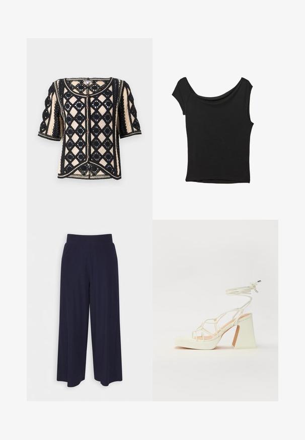 Schwarze und cremefarbene gemusterte kurzärmlige Strickjacke mit geometrischem Spitzenmuster, Knopfverschluss und dekorativen Besatzdetails.; Schwarzes Kurzarmoberteil aus glattem Stoff; hat einen drapierten Ausschnitt und einen asymmetrischen Saum, mit einem figurbetonten Körper.; Weit geschnittene Hosen aus dunkelnavy Stoff mit strukturiertem Rippendesign. Merkmale sind ein glatter Hosenbund und eine luftige Silhouette, die bis zur Mitte der Wade reicht.; Weiße High-Heel-Sandale mit einem klobigen Absatz, die über ein Riemchendesign und ein Knöchelband verfügt. Glatte Textur mit einer Plattform vorne für zusätzliche Höhe.