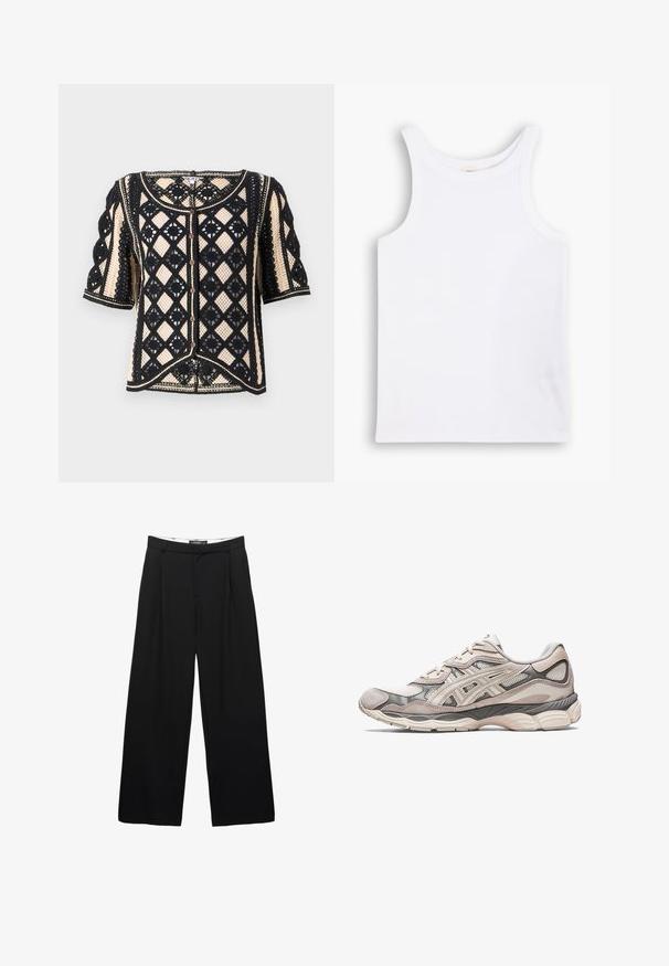 Cardigan à manches courtes noir et crème à motif, avec un design en dentelle géométrique, fermeture à boutons et détails de finition décoratifs.; Débardeur en coton blanc avec de larges bretelles, un col rond et une texture lisse et côtelée. Aucun motif ni accent présent.; Chemise à rayures verticales bleu clair et blanche à manches longues, avec col et poche poitrine.; Pantalons évasés noirs en tissu lisse. Présente des plis sur le devant, une taille avec passants de ceinture et une silhouette ajustée.; Baskets de sport gris clair avec une tige en mesh et en daim. Présente une semelle rembourrée, des superpositions prononcées et un design structuré.