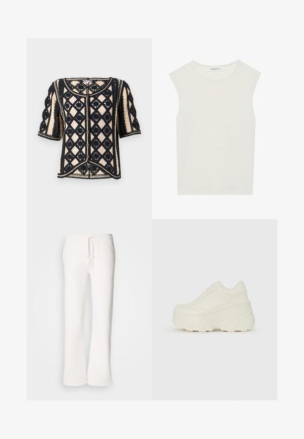 Cardigan corto a maniche corte nero e crema con un design a pizzo geometrico, chiusura con bottoni e dettagli decorativi.; Top bianco senza maniche con scollatura rotonda. Realizzato in tessuto liscio, presenta una vestibilità rilassata e un design minimalista. Nessun motivo o accentuazione.; Pantaloni della tuta bianchi, a vestibilità ampia, realizzati in tessuto morbido, con vita elastica dotata di laccetto e design a gamba dritta.; Sneakers bianchi con piattaforma, caratterizzati da una parte superiore simile alla pelle liscia, forma arrotondata, collo imbottito e suola in gomma testurizzata con scanalature ben definite.