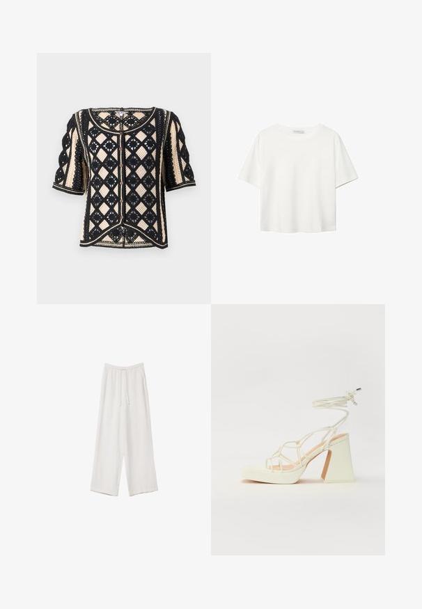Cardigan corto a maniche corte nero e crema con un design a pizzo geometrico, chiusura con bottoni e dettagli decorativi.; T-shirt bianco a maniche corte realizzato in cotone. Presenta un collo tondo e una vestibilità rilassata. Texture liscia senza motivi o dettagli visibili.; Pantaloni a gamba larga bianchi realizzati in un tessuto leggero. Presentano una vita elastica con cordoncino e tasche laterali. Texture liscia.; Sandalo bianco con tacco alto, caratterizzato da un design a cinturini e un legaccio alla caviglia. Texture liscia con una piattaforma frontale per un'altezza aggiuntiva.