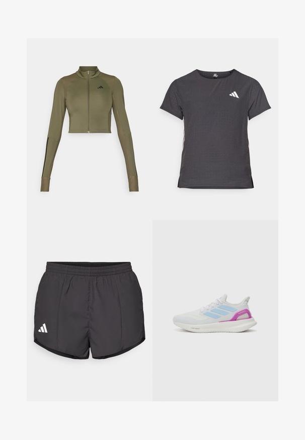 Olivno zelena kratka atletska jakna z visokim ovratnikom, polnim zadrgo, rebrastimi detajli na ramenih in črnimi akcentnimi črtami na rokavih.; Kratka športna majica s kratkimi rokavi, temno siva z perforirano teksturo. Ima bel logotip in kontrastne stranske črte. Okrogel ovratnik.; Črne atletske kratke hlače iz lahkega materiala, z elastičnim pasom in belim logotipom Adidas na spodnji levi strani.; adidas Performance PUREBOOST 5 - Tekaški copati za cesto - white/glow blue/purple burst