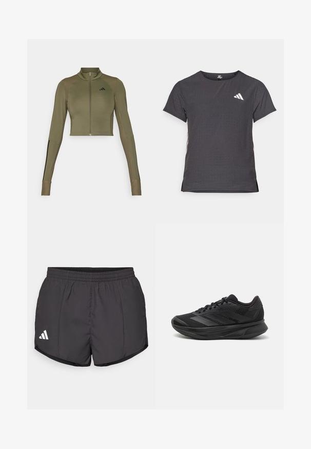 Maslinasto zelena sportska jakna skraćena kroja s visokim ovratnikom, punim patentnim zatvaračem, rebrastim detaljima na ramenima i crnim naglascima na rukavima.; Majica kratkih rukava za sport, tamno siva s perforiranim uzorkom. Ima bijeli logo i kontrastne bočne pruge. Zaobljeni izrez.; Crne atletske kratke hlače od laganog materijala, s elastičnim pojasom i bijelim Adidas logotipom na donjoj lijevoj strani.; Crne trkaće tenisice s prozračnom mrežastom gornjom konstrukcijom, zaobljenim prstima, elegantnim dizajnom, teksturiranim detaljima i mekanim potplatom za udobnost.