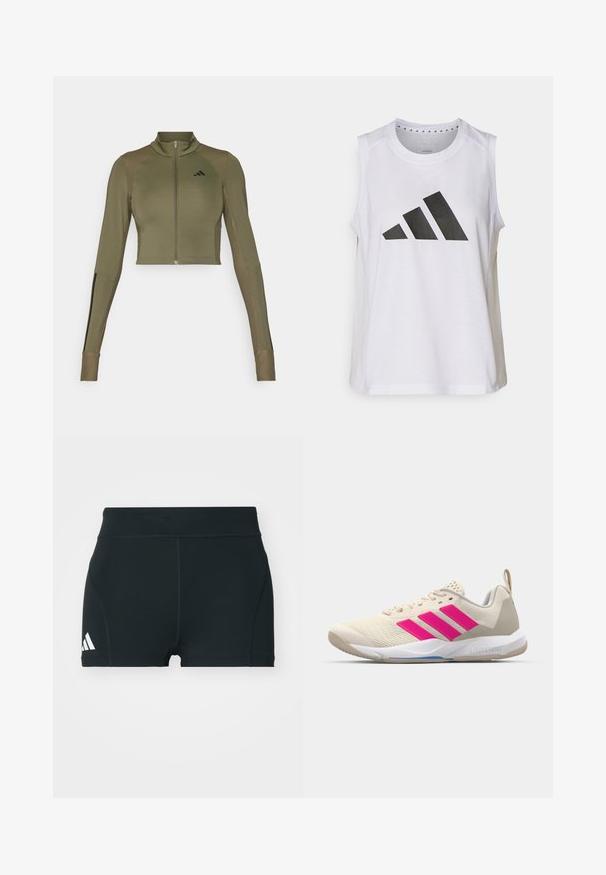Ελαιόλαδο πράσινο κοντό αθλητικό μπουφάν με ψηλό γιακά, πλήρη φερμουάρ, ραβδωτές λεπτομέρειες στους ώμους και μαύρες ρίγες στα μανίκια.; Λευκή αθλητική μπλούζα χωρίς μανίκια με στρογγυλή λαιμόκοψη, η οποία διαθέτει ένα μεγάλο μαύρο λογότυπο της Adidas που αποτελείται από τρεις ρίγες μπροστά.; Μαύρες αθλητικές βερμούδες από ελαστικό ύφασμα, με ψηλή ζώνη, εφαρμοστή γραμμή και λευκό λογότυπο Adidas στην αριστερή πλευρά.; Μπεζ αθλητικά παπούτσια με ροζ λογότυπο τριών λωρίδων, πλεχτό πάνω μέρος, επενδεδυμένο κολάρο και λευκή καουτσούκ σόλα, με την επωνυμία "LIGHTSTRIKE".