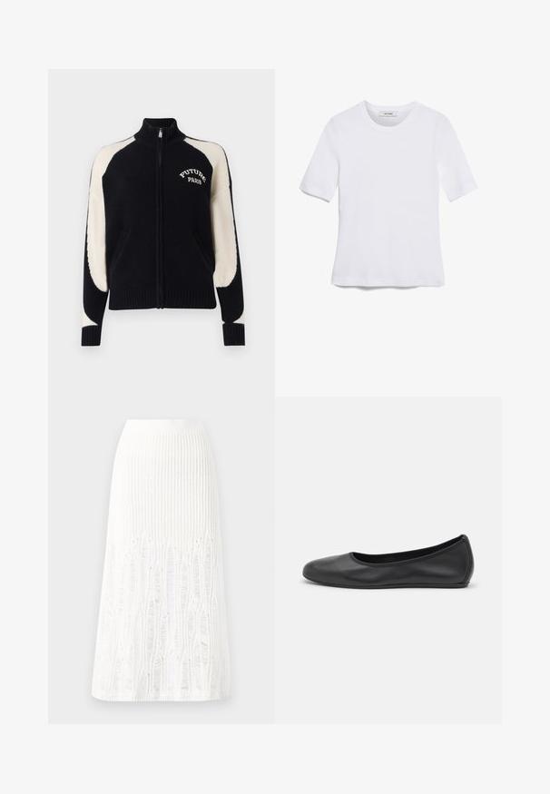 Navy- und cremefarbener Reißverschluss-Pullover mit geripptem Muster, hohem Kragen und dem Logo "FUTURE PARIS." Verfügt über Seitentaschen und ein Farbblock-Design.; Weißes kurzärmliges T-Shirt aus geripptem Stoff. Runder Halsausschnitt, normale Passform und dezente Nähte. Keine Muster oder Grafiken.; Gestreifte weiße Midi-Rock aus Strick mit einem strukturierten Muster und Ausschnitten am Saum. Elastischer Bund. Weiches Material.; Schwarze Leder-Ballettschuhe mit abgerundeter Spitze, glatter Textur, minimalen Nähdetails und einem flexiblen Sohlen-Design.