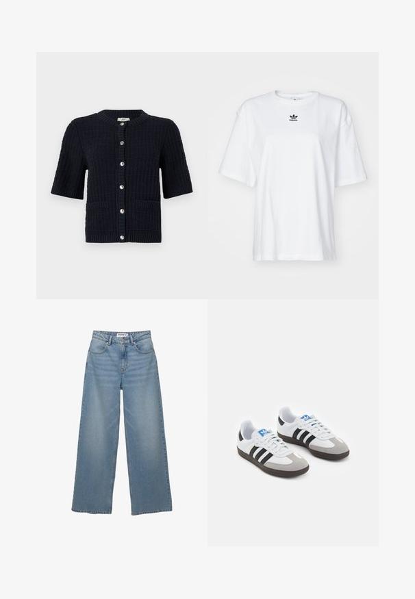 Tummansininen lyhythihainen neuletakki, joka on valmistettu teksturoituneesta neuleesta. Siinä on pyöreä pääntie, etupainikkeet ja kaksi taskua.; Valkoinen lyhythihainen t-paita, joka on valmistettu puuvillasta. Siinä on pyöreä kaula-aukko ja pieni musta Adidas-logo rinnassa. Suora helma.; Vaaleansiniset leveälahkeiset farkut, valmistettu denimistä. Ominaisuuksiin kuuluu korkea vyötärö, viisi taskua ja suora leikkaus, jolla on vähäistä haalistumista.; Urheilukengät, joissa on valkoinen nahkainen päällinen, harmaa mokkanokka ja kolme mustaa raitaa. Ominaisuuksina sininen logo kielekkeessä ja kuvioitu kumipohja.