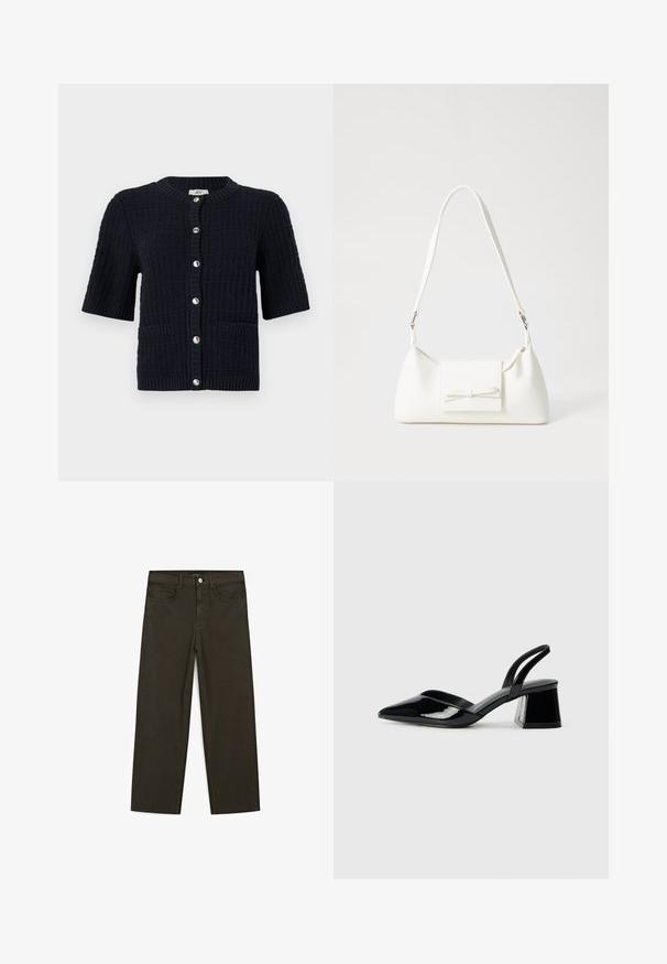 Navy blue short-sleeve cardigan made of textured knit fabric, featuring a round neckline, front buttons, and two pockets.; Brown short-sleeve t-shirt made of smooth fabric, featuring a round neckline and a regular fit, with no additional patterns or accents.; Dark green wide-leg jeans made of cotton blend, featuring a front button closure, five pockets, and classic denim stitching.; Black patent leather slingback heels with a pointed toe and a geometric block heel. Features a sleek, minimal design and smooth texture.; White synthetic handbag with a triangular shape, flat front flap and bow detail, adjustable strap, smooth texture, and minimalistic design.