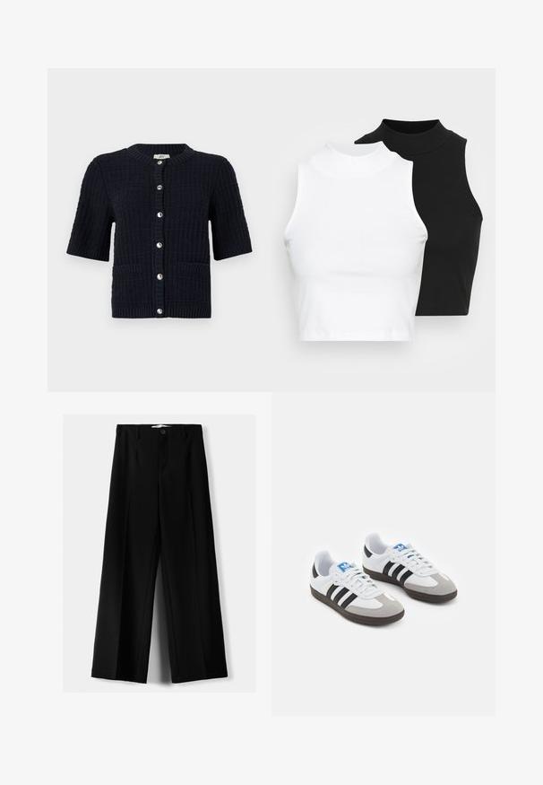 Sötétkék, rövid ujjú kardigán textúrált kötött anyagból, kerek nyakkivágással, elülső gombokkal és két zsebbel.; Két ujjatlan, bordázott garbós top fekete és fehér színben, testhezálló kialakítással és sima textúrával, rövidített hosszal.; Fekete, bő szárú nadrág, könnyű anyagból, elöl gombos záródással és sima elfröccsenésű fazonnal, szépen varrott szegélyekkel.; Fehér bőr felsőrészes sportcipő, szürke velúrból készült orral és három fekete csíkkal. Jellemzője a kék logó a nyelvén és egy texturált gumitalp.