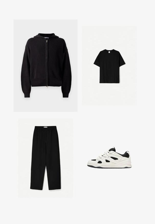 Czarna bluza z kapturem na zamek błyskawiczny, wykonana z teksturowanej dzianiny, z kapturem, ściągaczami na mankietach i u dołu. Projekt obejmuje centralny zamek i luźny krój.; Czarna bawełniana koszulka z krótkim rękawem, okrągłym dekoltem i luźnym krojem. Posiada prosty design, bez wzorów czy akcentów.; Czarne, szerokie spodnie wykonane z lekkiego materiału. Posiadają elastyczny pasek w talii oraz gładką teksturę. Brak widocznych wzorów czy elementów metalowych.; Białe i czarne buty sportowe z teksturowaną podeszwą, z wyciętymi wzorami po bokach oraz sznurowadłami, a także wyściełanym tyłem dla wsparcia.