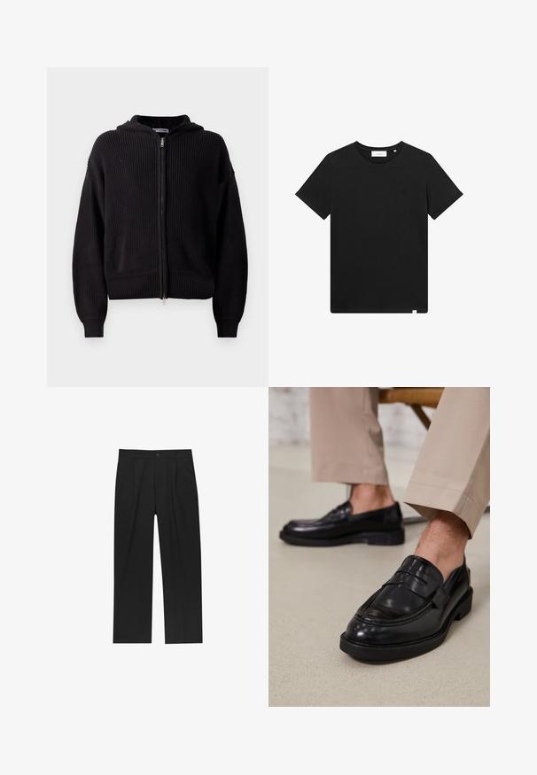 Black zip-up hoodie in textured knit fabric, featuring a hood, ribbed cuffs, and hem. Design includes a central zipper and relaxed fit.; Black short-sleeve T-shirt made of cotton, featuring a crew neck and a small logo embroidered on the chest. Smooth texture, standard fit.; Black pants with a straight-leg design, made from a smooth fabric. Features front pleats and a single button closure at the waist.; Black leather loafers with a smooth finish, featuring a decorative strap and contrast stitching, paired with beige trousers.