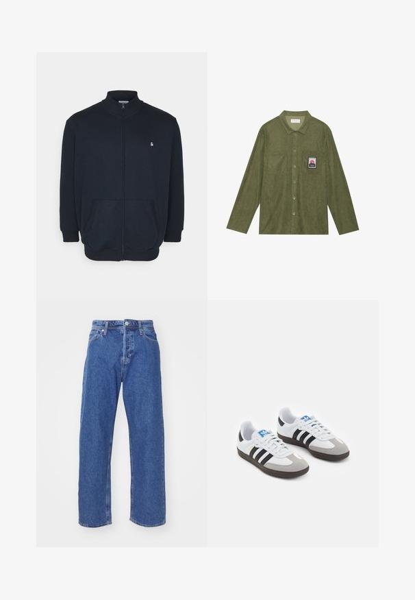 Tumed sinise värvi tõmblukuga sviiter kõrge kaelusega, esipo pocketitega, soonikkoes mansetid ja väike logo rinnal. Pehme kangas.; Oliivroheline kaltsukangast särk pikkade varrukatega, nööbid ees, kaks rinnataskut ja mäe graafik-plekk vasakus taskus.; Sinine denim teksade sirge jala disainiga, varustatud nööbi ja lukuga, viie-tasku stiil ja minimaalsed õmblemise detailid.; Spordijalatsid valge nahkpealsega, halli nubuk-naha otsaga ja kolme musta triibuga. Omab sinist logo keele peal ja struktureeritud kummitalda.