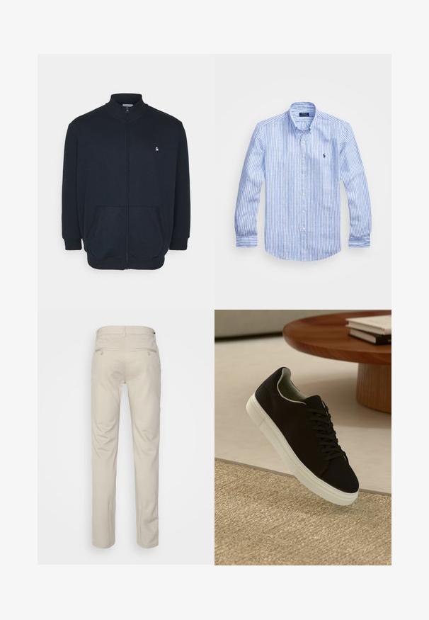 Sudadera de cremallera en azul marino con un alto cuello, bolsillos frontales, puños acanalados y un pequeño logo en el pecho. Textura de tela suave.; Camisa de manga larga a rayas azul y blanca hecha de algodón, con cuello de botón, botones en el frente y un pequeño logo bordado en el pecho.; Pantalones beiges con una textura suave, corte recto, dos bolsillos traseros con botones y una cinturilla estándar.; Zapatilla negra con suela blanca flotando sobre una alfombra texturizada beige cerca de una mesa redonda de madera con libros apilados.