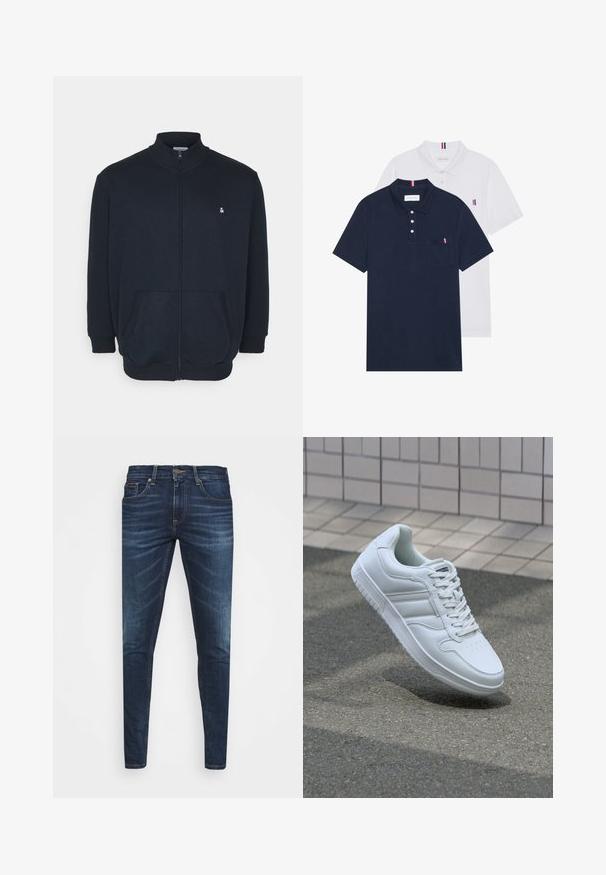Tengerészkék cipzáras pulóver magas gallérral, elülső zsebekkel, bordázott mandzsettákkal és egy kis logóval a mellrészen. Puha anyagú textúra.; Két pólóing: az egyik sötétkék, a másik fehér, mindkettőn kicsi piros, fehér és kék díszítés található a mellzsebből és a galléron.; Sötétkék farmernadrág, testhezálló fazonnal, finom áttűnéssel, öt zsebbel és fémből készült gombzárral. Kontrasztos színű varrási díszítések.; Fehér sportcipő sima bőr felsőrésszel, fűzős elülettel, perforált orral és mintázott talppal. Minimalista dizájn három oldalsávval.
