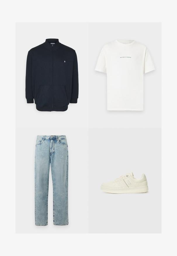 Tamsiai mėlyna zip-up palaidinė su aukštu apykakle, priekinėmis kišenėmis, nertomis rankovėmis ir maža logotipo etikete ant krūtinės. Minkšta audinio tekstūra.; Balta medvilninė marškinėliai trumpomis rankovėmis ir apvaliu iškirpimu. Viduryje esantis tekstas sako "SVEIKI ATVYKĘ Į PARADISĄ" kreiptu žaliu šriftu.; Šviesiai mėlyni tiesūs džinsai su mygtuku ir užtrauktuku, priekinės kišenės ir subtilus spalvų išblukimas.; Kremo spalvos sportbačiai su perforuotomis detalėmis, raišteliais ir logotipu šone, išdėstyti prieš paprastą baltą foną.