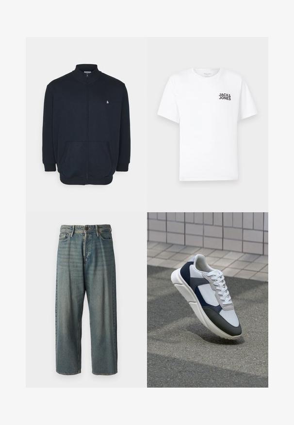 Marineblå hettegenser med glidelås, høy krage, frontlommer, ribbede mansjetter og en liten logo på brystet. Myk stofftekstur.; Hvit bomull T-skjorte, korte ermer, rund hals. Har svart tekstlogo "JACK & JONES" på venstre brystområde. Enkel, ensfarget design.; Lyseblå denimjeans med løs passform, midjehøyde og rette ben. Har fem lommer, beltehemper og knappelukking.; Hvitt, marineblått og grått sportsko med en blandet materialdesign, som har en teksturert overdel, flate snørebånd og en polstret såle.