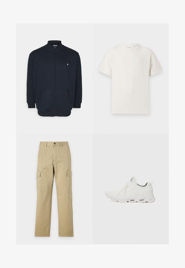 Tumed sinise värvi tõmblukuga sviiter kõrge kaelusega, esipo pocketitega, soonikkoes mansetid ja väike logo rinnal. Pehme kangas.; Valge lühikeste varrukatega T-särk ribakudumises. Ümar kaelus, mugav lõige, nähtavad mustrid ega aksessuaarid puuduvad. Lihtne ja mitmekesine disain.; Beige cargos, mis on valmistatud puuvillast, sisaldavad kahte küljetaskut, nööbiga sulgemist ja sirgeid jalgu, millel on kergelt tekstureeritud kangas.; Valged sportijalatsid, millel on tekstuuriga kudum peal, lame paelad ja pehmendatud tallad nähtavate õhukambritega täiendava toe jaoks.