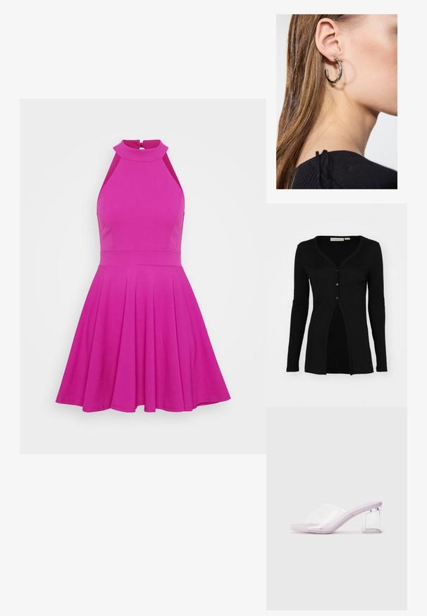 Black cardigan with long sleeves, V-neck, ribbed texture, and five button closures. Features a straight cut and a split front design.; Fitted pink dress with a high neckline, sleeveless design, and flared skirt. Made of smooth material with no visible patterns or hardware.; Lilac heeled mules with a clear plastic upper and a transparent block heel. Smooth texture, open toe design, minimalistic shape.; Silver hoop earring with a polished finish, featuring small gold accent details and a round shape, worn on the lobe.