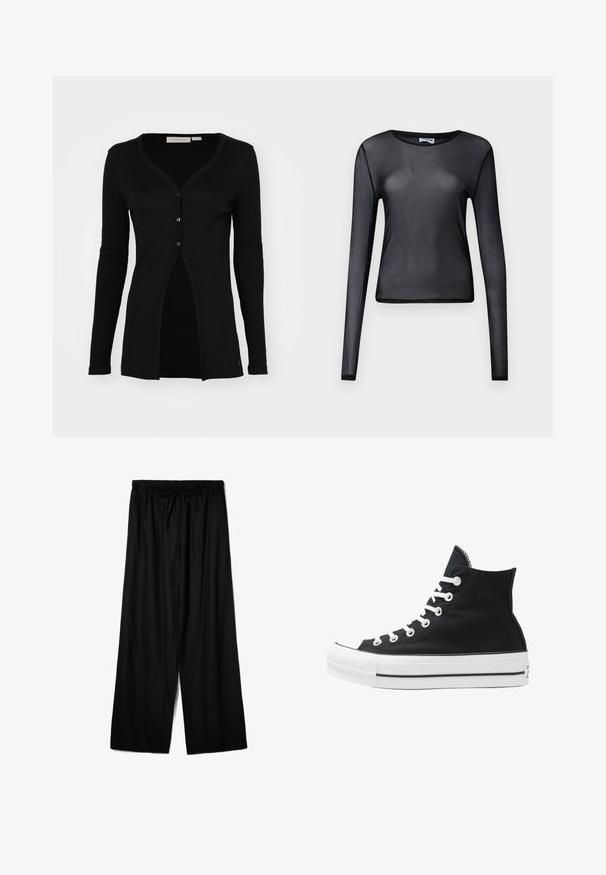 Črn kardigan z dolgimi rokavi, V-izrezom, rebrasto teksturo in petimi gumbi. Ima ravno kroj in zasnovo z razporkom spredaj.; Črna dolga rokavična majica iz prosojnega materiala, z okroglim izrezom in slim fit krojem, z natančno obrobljenimi robovi.; Črne široke hlače iz lahkega blaga, z elastičnim pasom in vrvico za prilagodljivo prileganje. Gladka tekstura.; Visoke črne platnene superge z belimi režami, vezalkami in gumijastim podplatom. Ponašajo se z teksturiranim zaščitnikom za prste in črno-belimi črtami.