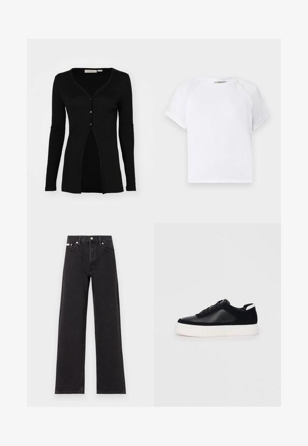 Black cardigan with long sleeves, V-neck, ribbed texture, and five button closures. Features a straight cut and a split front design.; White cotton t-shirt with a crew neckline, short raglan sleeves, and a relaxed fit. Smooth texture with no visible patterns or accents.; Black wide-leg jeans made of denim, featuring a high-rise waist, five-pocket styling, and a metal button closure with contrasting stitching.; Black sneaker with smooth leather and suede panels, flat laces, rounded toe, and a white rubber sole. Distinct logo on the heel.