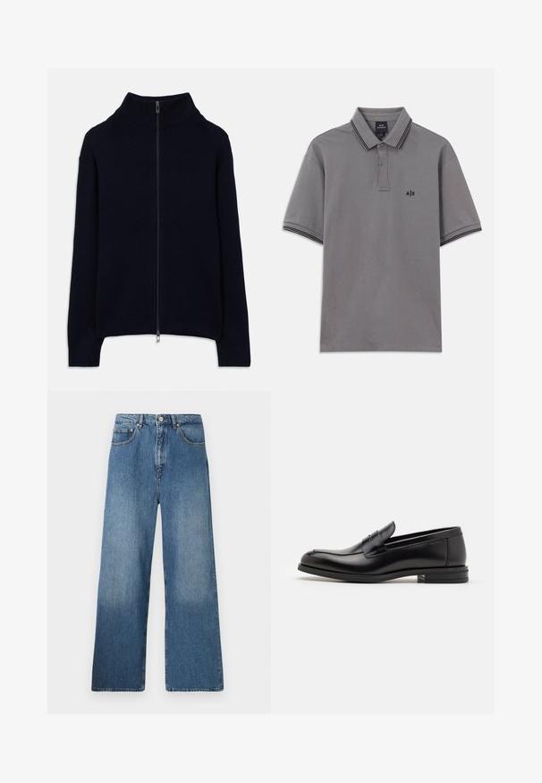 Granatowy sweter z prążkowanego materiału z długimi rękawami, wysokim kołnierzem i całkowitym srebrnym zamkiem błyskawicznym, leżący na białym tle.; Szara koszulka polo z krótkim rękawem, z czarnym wykończeniem na kołnierzyku i rękawach, z zapięciem na guziki oraz małym czarnym logiem A|X na lewej piersi.; Szerokie niebieskie dżinsy z denimu z klasycznym pięciopocketowym fasonem, z przodem na guziki i lekkim wyblaknięciem dla uzyskania faktury.; Czarne skórzane mokasyny o gładkiej fakturze, zaokrąglonym nosku i dekoracyjnym pasku na przodzie. Niski, warstwowy obcas, minimalistyczny design.