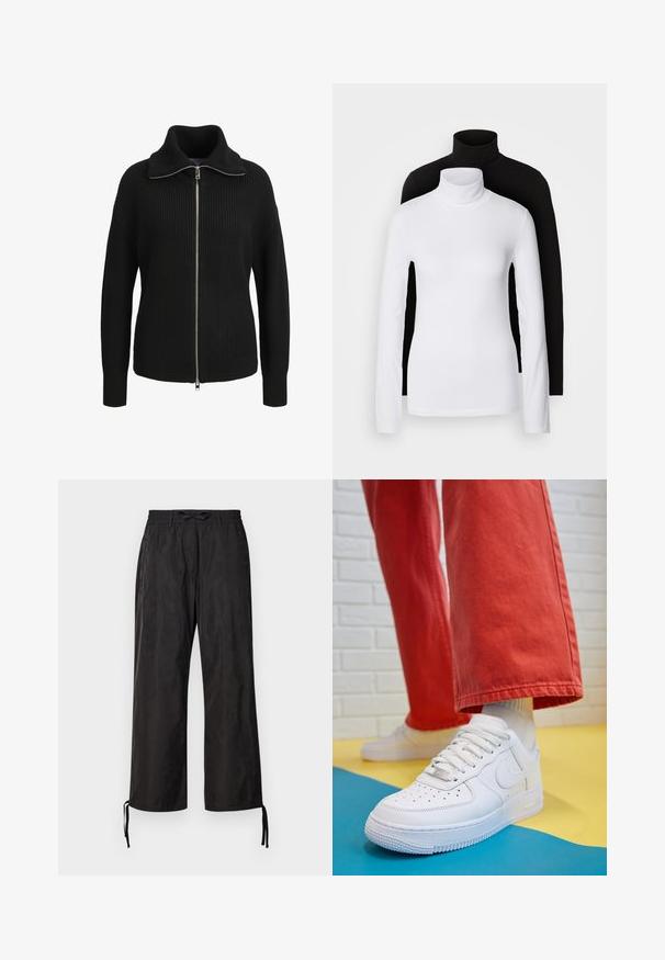 Černý pletený svetr s vysokým límcem, plným zipem, žebrovanou strukturou a přiléhavými manžetami. Má strukturovaný design a moderní siluetu.; Dvě dlouhé rolákové topy, jeden bílý a jeden černý, vyrobené z hladkého, elastického materiálu, oba s přiléhavým střihem a vysokými límci.; Černé, volné kalhoty s elastickým pasem a nastavitelnými šňůrkami na kotnících. Hladká látka s jemným leskem.; Bílé kožené tenisky s perforovanou špičkou, texturovanou podešví a bílými tkaničkami, v kombinaci s širokými červenými kalhotami a modro-žlutým pozadím.