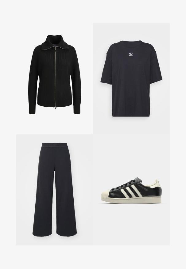Black knit sweater with a high collar, full-length zipper, ribbed texture, and fitted cuffs. Features a structured design and modern silhouette.; Black cotton t-shirt with short sleeves, round neckline, features a white Adidas logo on the chest. Simple design, relaxed fit.; Black wide-leg sweatpants made from soft fabric, featuring an elastic waistband and a small logo on the left side.; Black leather sneaker with white stripes, rubber toe cap, black laces, and a cream-colored outsole. Smooth texture with shiny finish.