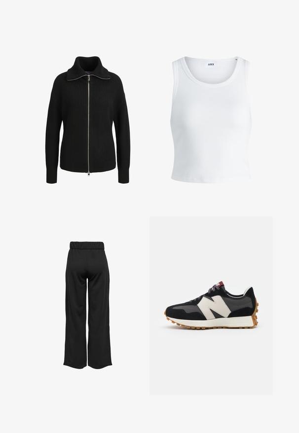 Melna adīta džemperis ar augstu apkakli, pilna garuma rāvējslēdzēju, ribota tekstūra un piegulošiem piedurkņiem. Iezīmē strukturētu dizainu un mūsdienīgu siluetu.; Balts ribots topiņš ar apaļu kakla izgriezumu, bez piedurknēm un īsā garumā. Uz birkas ir rakstīts "JJXX." Gluda auduma tekstūra.; Melnas, platas bikses ar elastīgu jostu, izgatavotas no gludas auduma. Iespējamā tīra dizaina ar bez kabatām un redzamām šuvēm.; Melnas un pelēkas zamšādas sporta kurpes ar lielu krēmkrāsas "N" logotipu, purpura šņorēm un strukturētu gumijas zoli.