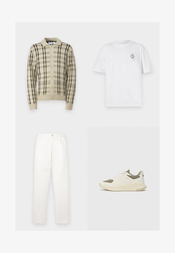 Bežs adīts kardigāns ar apkakles kakla izgriezumu, ar zaļām un melnām vertikālām svītrām un pogu aizdari. Rūpīgi izstrādāts dizains visā virsmā.; Bāla kokvilnas t-kreklu ar brīvu piegulšanu, kuram uz kreisā krūšu apvidus ir neliels melns grafiskais logotips. Īsas piedurknes, apaļas kakla izgriezums.; Baltas bikses, izgatavotas no gludas auduma, ar taisnu kāju dizainu, priekšējiem krokām un vienu pogu aizdari jostasvietā.; Baltas un gaiši bež sporta apavi, ar sieta augšdaļu, perforētiem detaļām un teksturētu vidusdaļu ar zīmolu uz papēža.