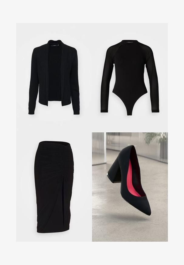 Čierny kardigán s ryhovanou textúrou, otvoreným predným dizajnom, dlhými rukávmi a bez zapínania. Jednoduchá a všestranná estetika.; Čierny dlhý rukáv body s vysokým golierom, s pevným látkovým trupom a priehľadnými sieťovinovými rukávmi, navrhnuté v priliehavom strihu.; Čierna, riasená ceruzková sukňa s viazaním a bočným rozparkom. Vyrobená z elastického materiálu, s hladkou textúrou a priliehavým dizajnom.; Čierna lodička na vysokom opätku s špicatou špičkou, štruktúrovaným povrchom a živým ružovým interiérom. Obsahuje robustný opätok so strieborným akcentom.