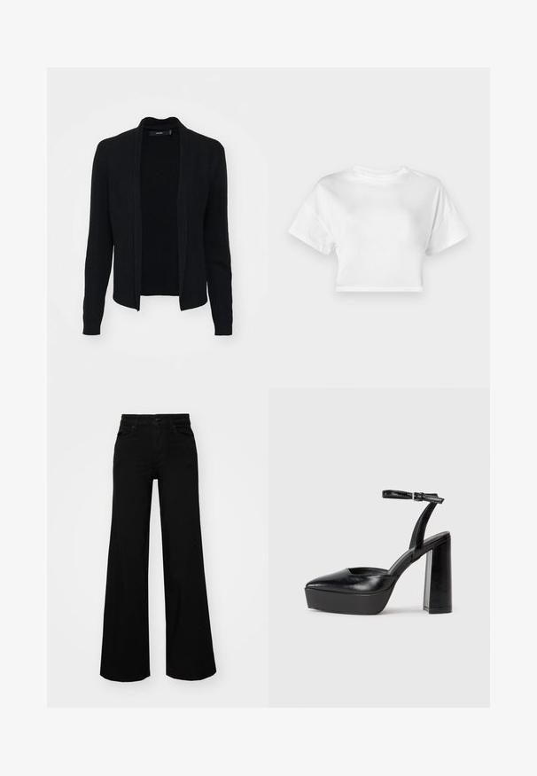 Must mustriga kardigan, millel on ribakujuline tekstuur, avatud esikülg, pikad varrukad ja ilma kinnitusteta. Lihtne ja mitmekülgne esteetika.; Valge lühikeste varrukatega puuvillane lühikeste varrukatega t-särk. Ümara kaelusega, sileda tekstuuriga, juhuslik disain ilma mustrite ja kaunistusteta.; Mustad mustad püksid, mis on valmistatud denimist, struktuurse vöökohtade, vöökootidega ja esikottidega. Sile tekstuur klassikalise disainiga.; Mustad platvormi kontsad terava ninaga ja reguleeritava pahkluuraamiga. Valmistatud siledast nahast, funktsioneerib massiivse plokknäheeliga.