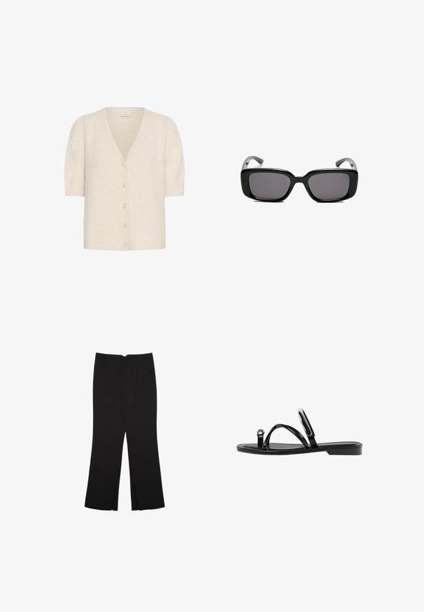 Kaffe MARINA - Jopica - sandshell cc; Črn brez rokavov crop top, izdelan iz gladkega materiala, z okroglim izrezom in čistim, preprostim dizajnom brez vzorcev ali dodatkov.; Črne hlače ravnega kroja z naglavnimi žepi in stranskimi razporki na robu. Narejene iz mehke, gladke tkanine. Primerne za različne priložnosti.; Črne ravne sandale s sijajno končno obdelavo, tremi tankimi trakovi in okroglo kovinsko podrobnostjo na prstih. Elegantna zasnova z minimalnim peto.; Črne pravokotne sončne očala z temnimi lečami, gladkim plastičnim okvirjem in ukrivljenimi nogicami. Oblika je robustna in minimalistična.