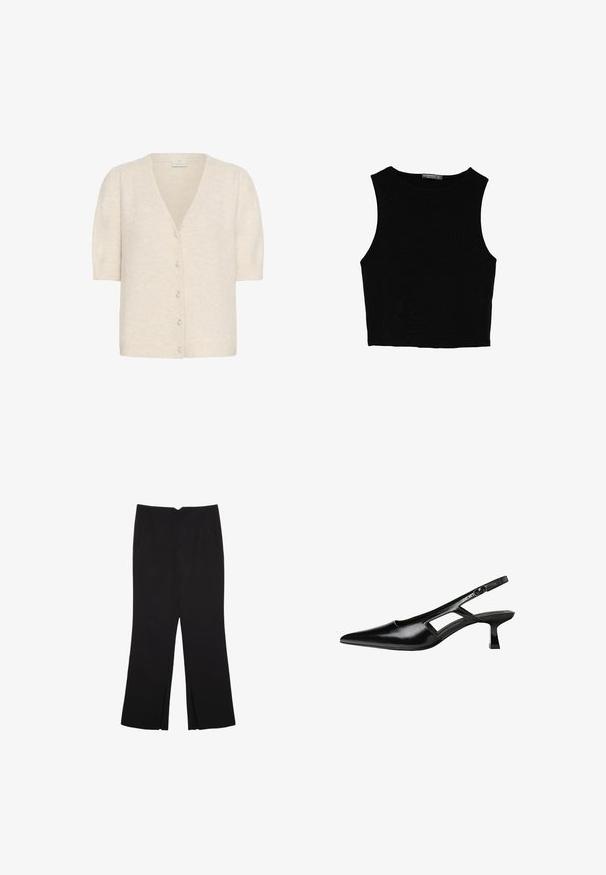 Kaffe MARINA - Gilet - sandshell cc; Top court sans manches noir en tissu lisse, avec un col rond et un design épuré, simple, sans motifs ni accessoires.; Pantalon noir avec une coupe droite, doté de poches avant et d'éclairs sur l'ourlet. Fabriqué en tissu doux et lisse. Convient à diverses occasions.; Escarpins slingback en cuir verni noir avec un bout pointu, un design découpé sur les côtés et un petit talon carré. Texture lisse avec des accents minimaux.