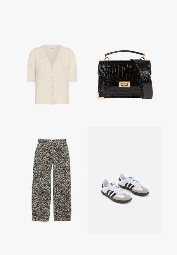 Kaffe MARINA - Gilet - sandshell cc; Tissu en coton noir avec une texture lisse et un col rond, présentant un motif grainé subtil et uniforme. Pas de logos ou d'accents visibles.; Pantalons à jambes larges en imprimé léopard dans une palette de couleurs beige neutre et noir. Caractéristiques : taille haute, cinq poches et fermeture à bouton.; Baskets avec une tige en cuir blanc, un bout en daim gris et trois bandes noires. Présente un logo bleu sur la languette et une semelle en caoutchouc texturée.; Sac à main en cuir verni noir avec une texture crocodile, quincaillerie dorée, une poignée supérieure et une bandoulière amovible. Forme rectangulaire avec une fermeture à rabat.