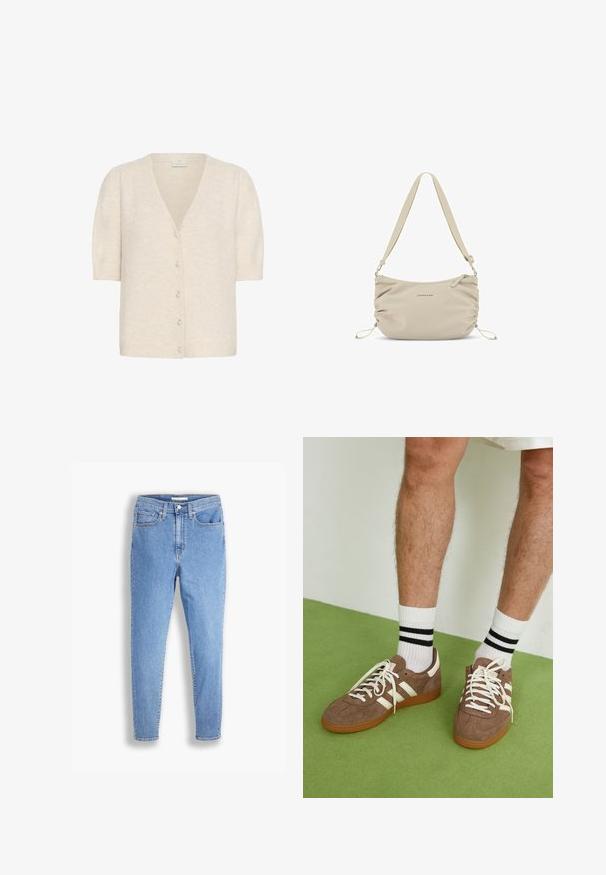 Kaffe MARINA - Cardigan - sandshell cc; Maglietta in cotone bianca con maniche corte, scollo rotondo e vestibilità rilassata. Nessun motivo o logo visibile. Texture liscia.; Jeans slim fit a vita alta di colore azzurro chiaro, con tasche anteriori e posteriori, chiusura con bottone e passanti per cintura, su sfondo bianco.; Sneaker in suede marrone con dettagli e lacci bianchi. Suola in gomma color gomma. Indossati con calzini bianchi con righe nere. Pavimento verde texturizzato.; Borsa a spalla in nylon beige con una texture morbida, lati arricciati e tracolla regolabile. Presenta una chiusura con cerniera e dettagli del logo discreti.