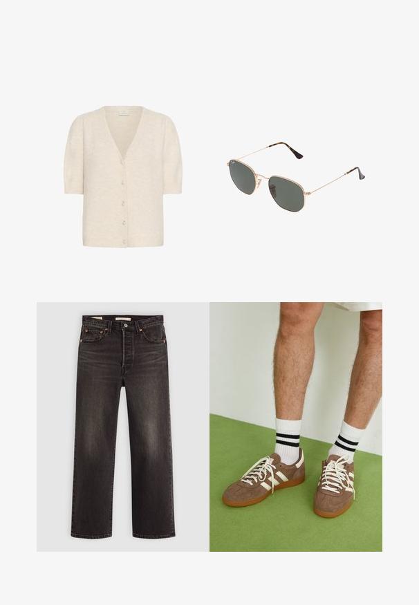 Kaffe MARINA - Gilet - sandshell cc; Haut à manches longues blanc avec un large décolleté, des fentes latérales et un tissu lisse et léger, présentant un design simple et minimaliste.; Jeans en denim noir avec une coupe droite. Comprend des rivets en cuivre et des poches. Texture lisse et finition légèrement décolorée.; Baskets en daim marron avec des accents et des lacets blancs. Semelle en caoutchouc gomme. Portées avec des chaussettes blanches à rayures noires. Sol texturé vert.; Lunettes de soleil en métal doré avec des verres vert foncé, de style aviateur, dotées de branches fines et d'accents en écaille de tortue sur les embouts.; COACH TABBY SHOULDER BAG 26 - Sac à main - dark stone