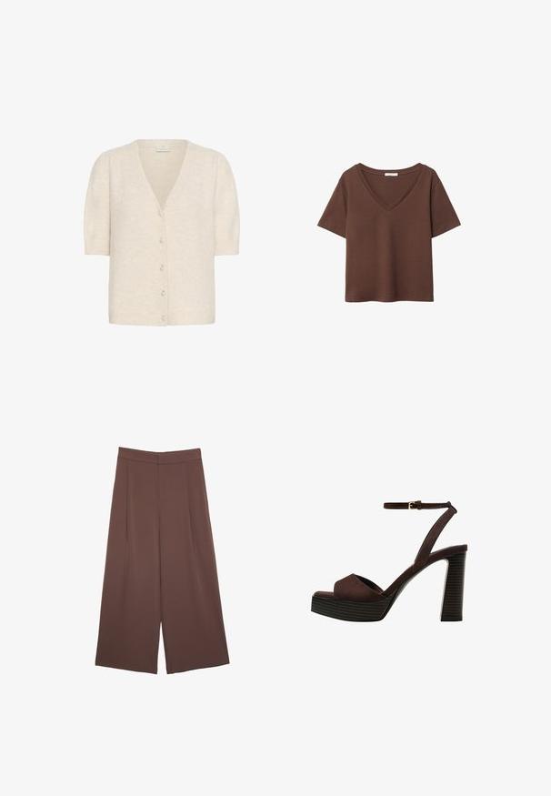 Kaffe MARINA beżowy; Brązowy bawełniany t-shirt z krótkimi rękawami i głębokim dekoltem w kształcie litery V. Prosty design, miękka faktura i prosty krój u dołu. Brak wzorów i akcentów.; Brązowe spodnie o szerokich nogawkach z gładką fakturą, z wysokim stanem i plisami z przodu. Materiał jest lekki i luźno opada.; Brązowe zamszowe sandały na wysokim obcasie z odkrytymi palcami, regulowanym paskiem na kostce i paskowatą podeszwą.