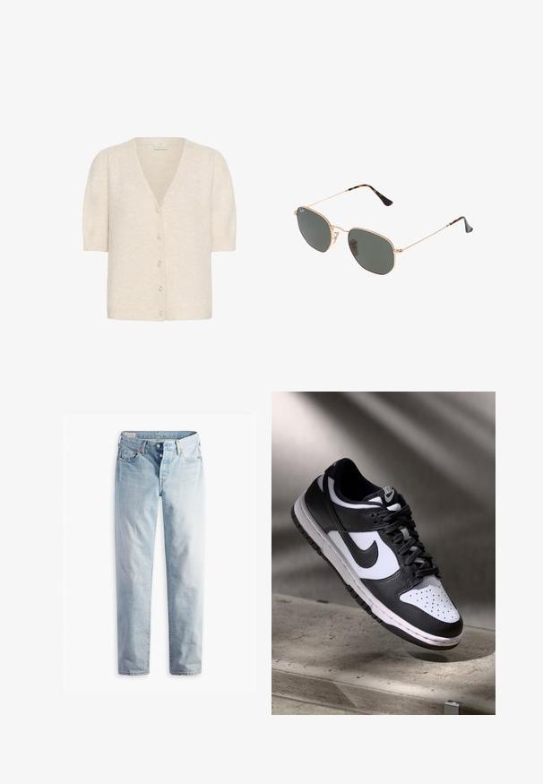 Kaffe MARINA - Gilet - sandshell cc; T-shirt blanc à manches courtes en coton doux, avec un col rond et des manches raglan, présentant une coupe droite et décontractée sans motifs.; Jean en denim bleu clair avec une coupe droite, deux poches avant et deux poches arrière. Comprend une braguette à deux boutons et une couture subtile.; Sneaker Nike Dunk Low en noir et blanc avec tige en cuir, boîte à orteils perforée et lacets noirs, dotée d'une semelle blanche et d'accents de logo.; Lunettes de soleil en métal doré avec des verres vert foncé, de style aviateur, dotées de branches fines et d'accents en écaille de tortue sur les embouts.