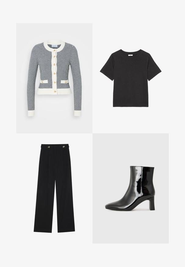 Cardigã às riscas azul-marinho e branco com decote redondo, punhos canelados e botões dourados. Apresenta dois bolsos frontais e um comprimento curto.; T-shirt preta feita de tecido macio, com gola redonda e mangas curtas. O design é simples, sem padrões ou acentos visíveis.; Calças largas pretas com cintura alta, detalhes em botão na cintura e pregas frontais.; Botim de tornozelo em pele sintética preta com bico apontado e salto bloco de altura média. Textura suave e design minimalista.
