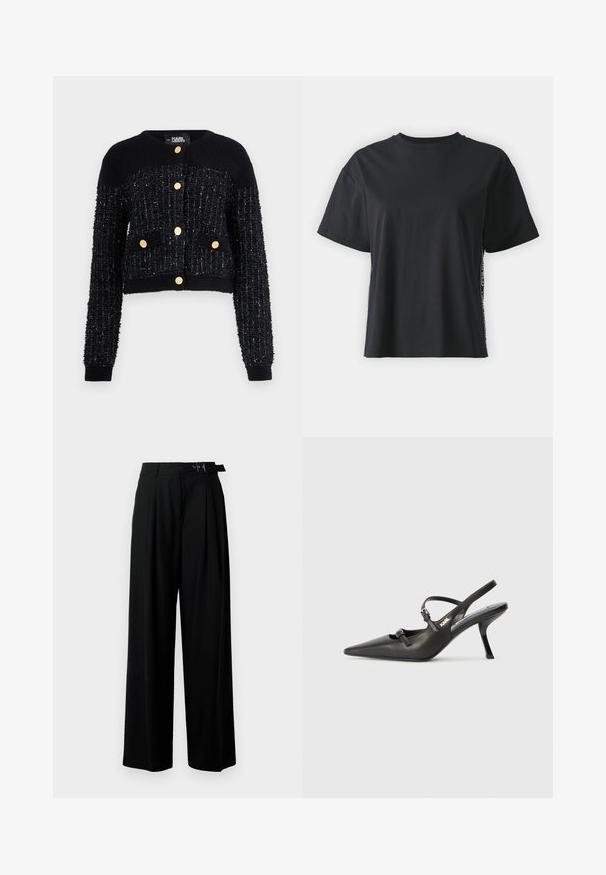 Cardigan scurt, negru, dintr-un material texturat și strălucitor; are nasturi aurii și două buzunare frontale. Manșete tricotate cu detalii canalate.; Tricou din bumbac negru cu mânecă scurtă, cu o croială lejeră și un panou lateral contrastant, având text mic și detalii de design.; Pantaloni negri cu croi larg, talie înaltă, pliuri în față și un b μέρος cu cataramă. Confecționați dintr-un material neted și ușor.; Pantofi cu toc slingback din piele neagră, cu vârful ascuțit, toc subțire și detaliu decorativ cu cataramă pe partea din față. Textură netedă și design elegant.