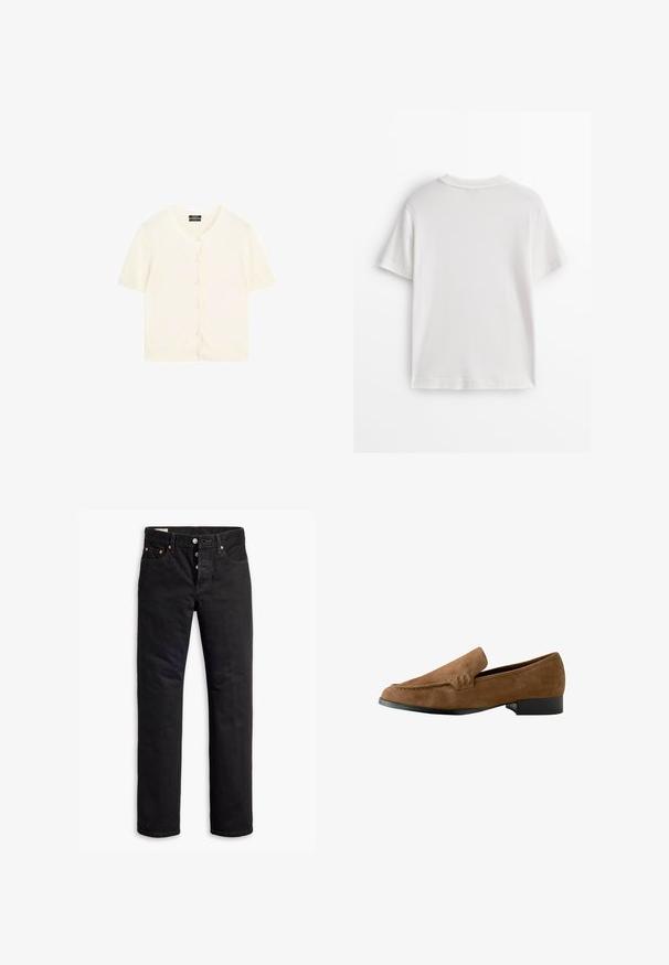 Korte mouwen crème vest van gebreide stof, met een ronde halslijn, knoopsluiting aan de voorkant en geribde zoom en manchetten.; Wit katoenen T-shirt met korte mouwen, een ronde hals en een gladde textuur. De achterkant is effen zonder extra patronen of ontwerpen.; Zwarte denim jeans met een rechte snit, vijf-pocket ontwerp en een knoopsluiting. Beschikt over koperen klinknagels en stikselaccenten.; Bruine suède instappers met een licht verhoogde hak, een gladde textuur, stiksels op de voorzijde en een ronde neus.