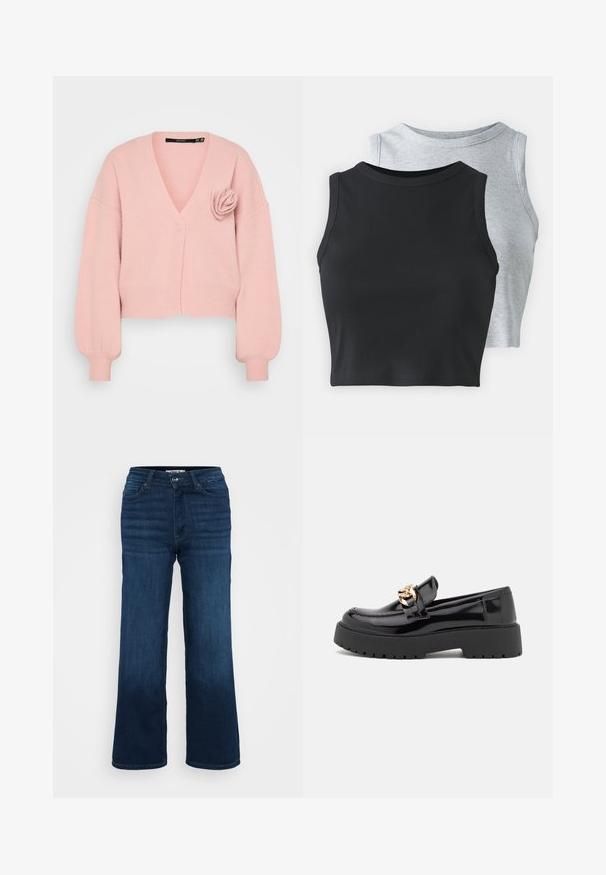 Cardigan cropped rosa com decote em V, punhos canelados e um detalhe decorativo de rosa no lado esquerdo. Textura suave, ajuste casual.; Even&Odd Petite 2 PACK - Top - light grey/black; ONLY Petite ONLMADISON BLUSH WIDE - Wide leg - dark blue denim; Sapatos mocassins de couro envernizado preto com sola grossa preta e detalhes em hardware dourado. Textura lisa e design de bico arredondado.
