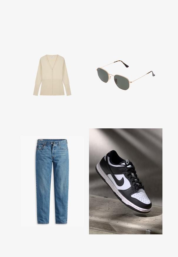 Beige knit cardigan featuring a v-neck, six buttons down the front, and ribbed texture on the bottom half and sleeves.; Long-sleeve black t-shirt in a textured fabric, featuring a rounded neckline and subtle flecks of lighter color throughout.; Blue denim jeans with a straight-leg fit, featuring a zip fly, two front pockets, and subtle fading throughout the fabric.; Black and white Nike Dunk Low sneaker with leather upper, perforated toe box, and black laces, featuring a white sole and logo accents.; Gold metal-frame sunglasses with dark green lenses, aviator style, featuring slim arms and tortoiseshell accents on the tips.; Black tote bag with geometric pattern, made from textured material. Features sturdy handles and a tag, structured shape.